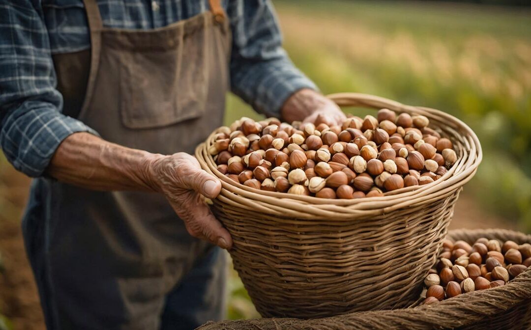 Close up of farmer's hands holding wicker basket full of organic hazelnuts with agricultural field in the background.